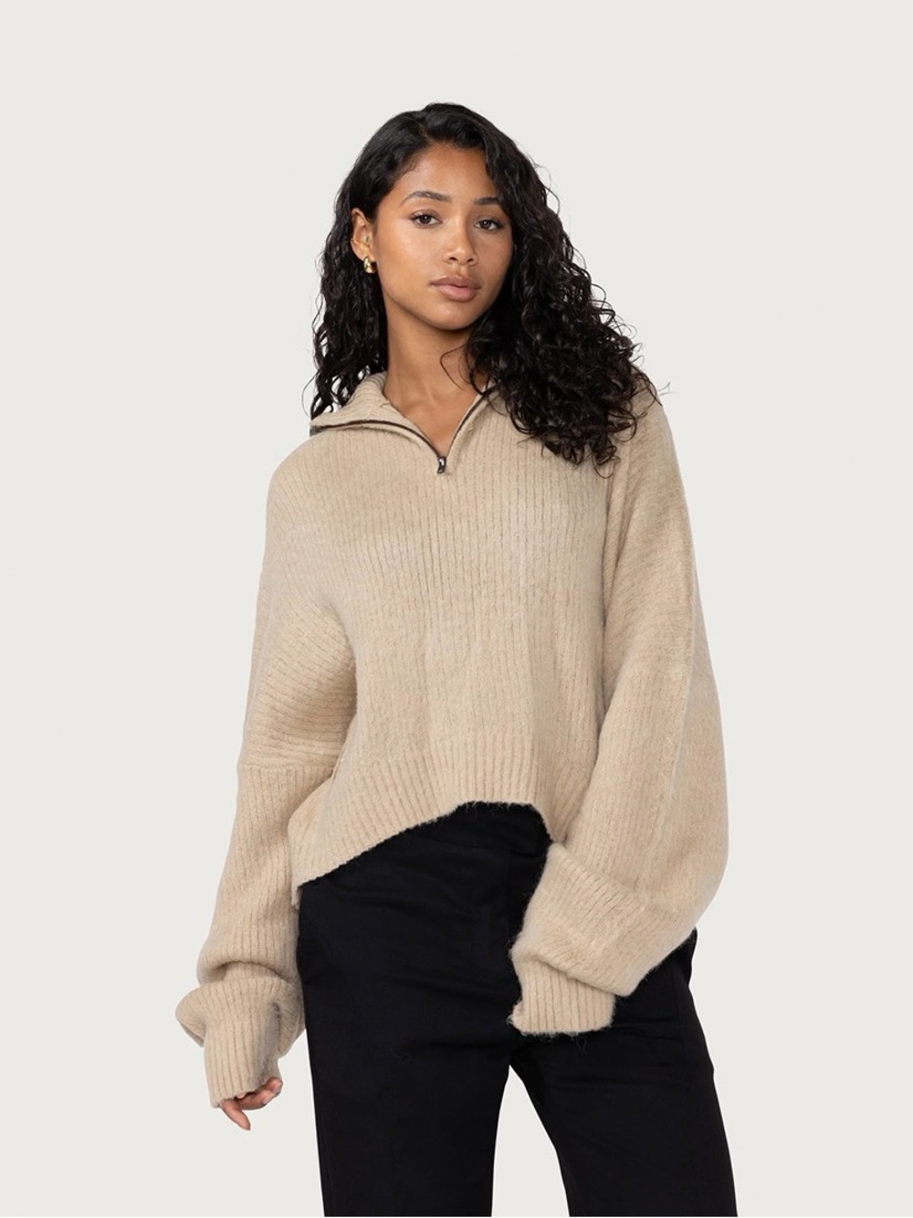 Cozy Half-Zip Cowl Sweater in Beige